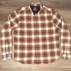 Prana Shirt Mens L Slim Button Up Flannel Plaid Long Sleeve Rust Brown